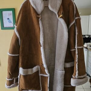 Chestnut Brown Shearling Coat with Cream Fur Trim